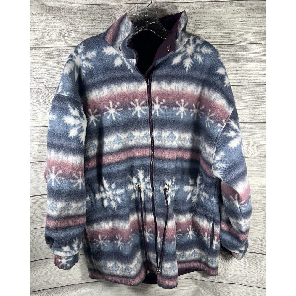 Reversible Womens Fleece Jacket Winter Snowflake Blue Pink/ Purple Inside Sz XL